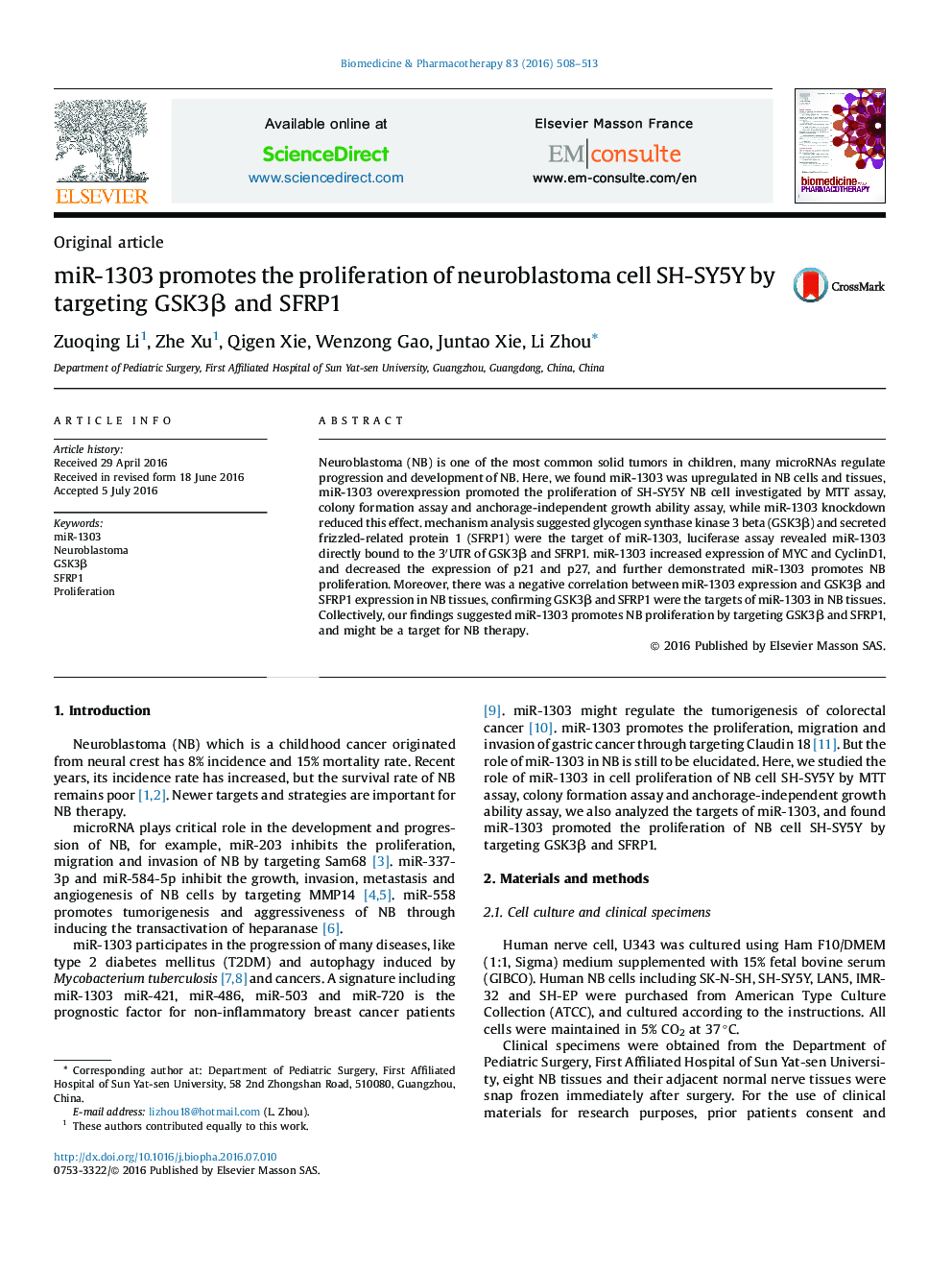 miR-1303 promotes the proliferation of neuroblastoma cell SH-SY5Y by targeting GSK3β and SFRP1