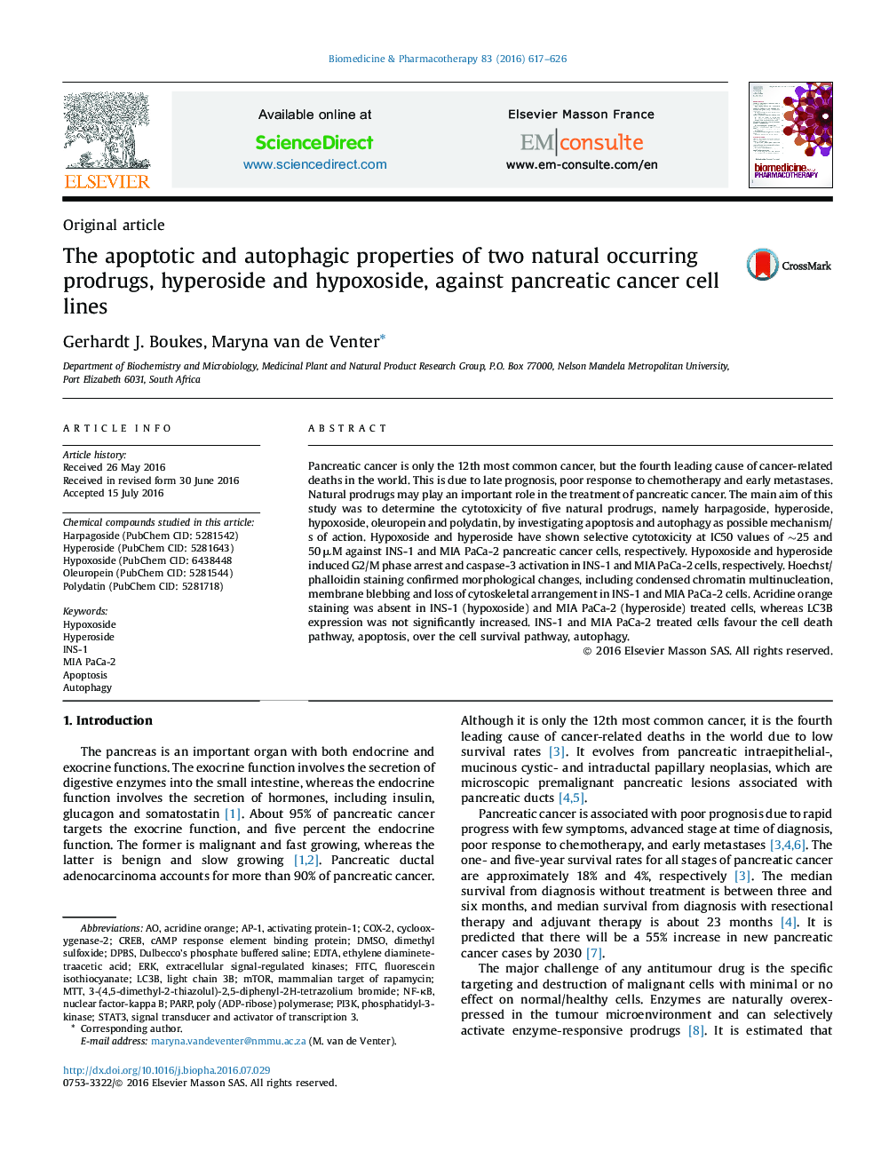 The apoptotic and autophagic properties of two natural occurring prodrugs, hyperoside and hypoxoside, against pancreatic cancer cell lines