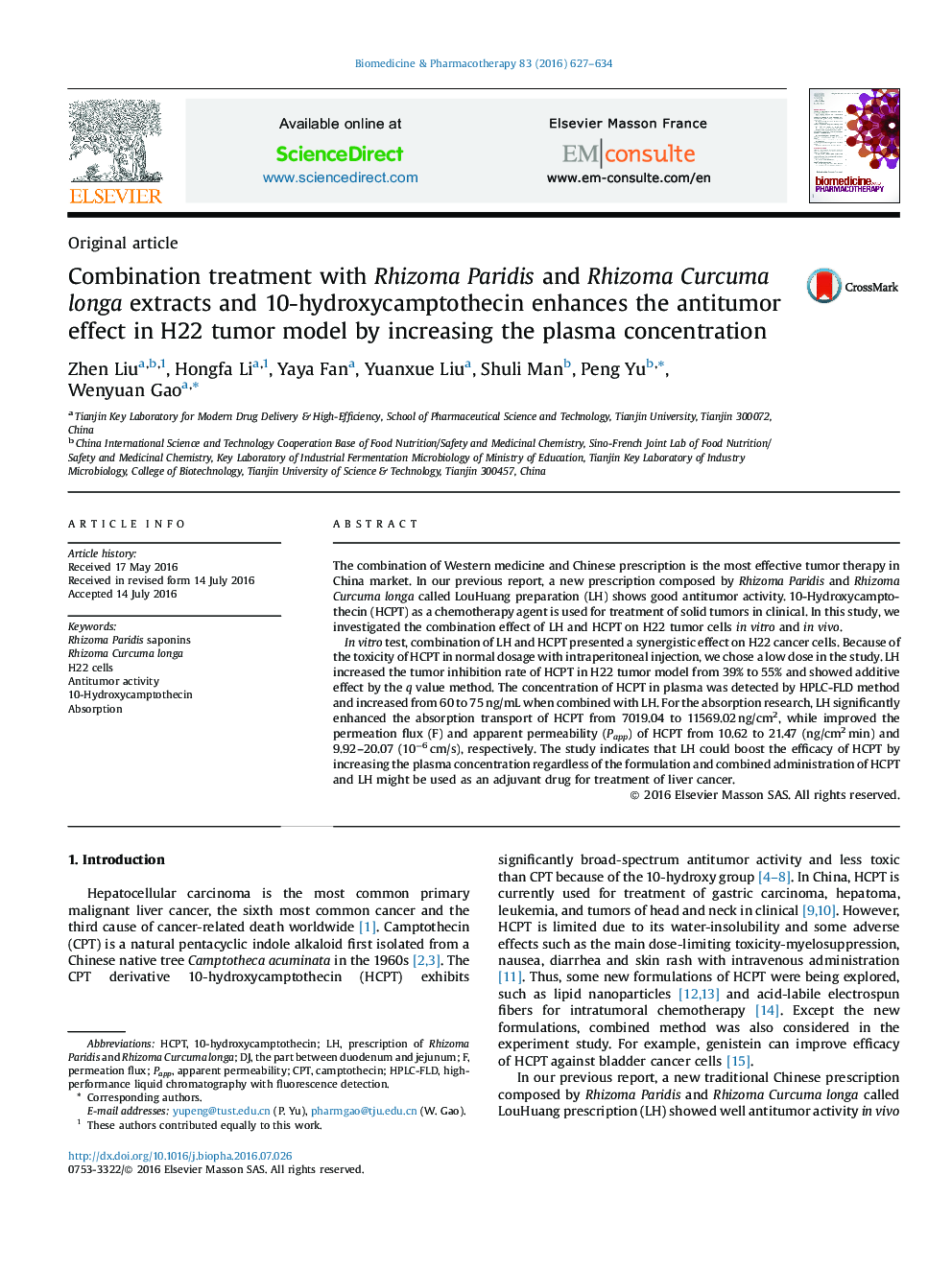 Combination treatment with Rhizoma Paridis and Rhizoma Curcuma longa extracts and 10-hydroxycamptothecin enhances the antitumor effect in H22 tumor model by increasing the plasma concentration