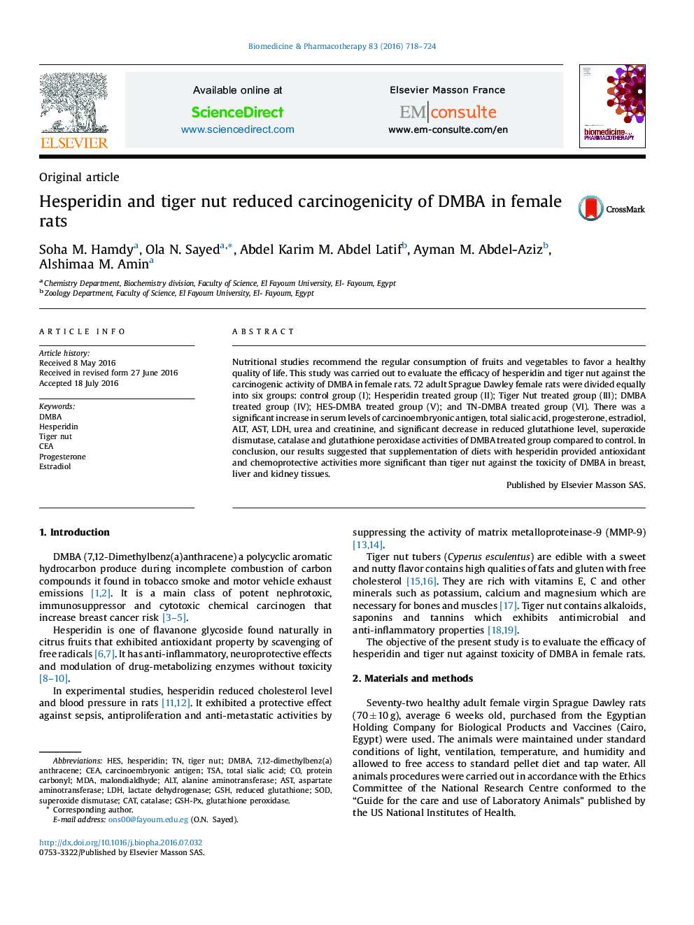 Hesperidin and tiger nut reduced carcinogenicity of DMBA in female rats