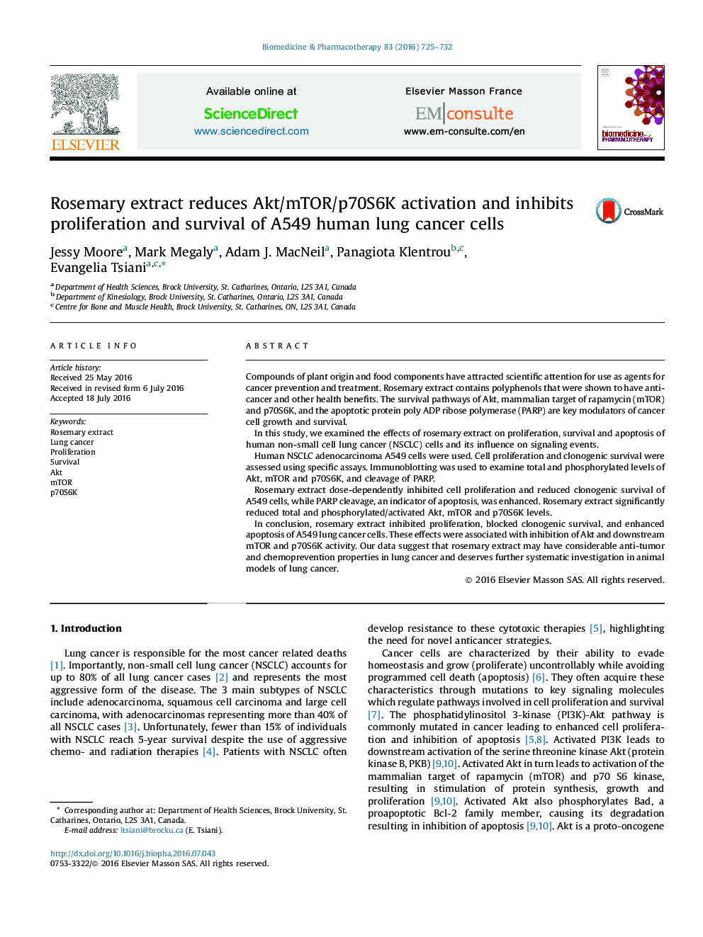 Rosemary extract reduces Akt/mTOR/p70S6K activation and inhibits proliferation and survival of A549 human lung cancer cells