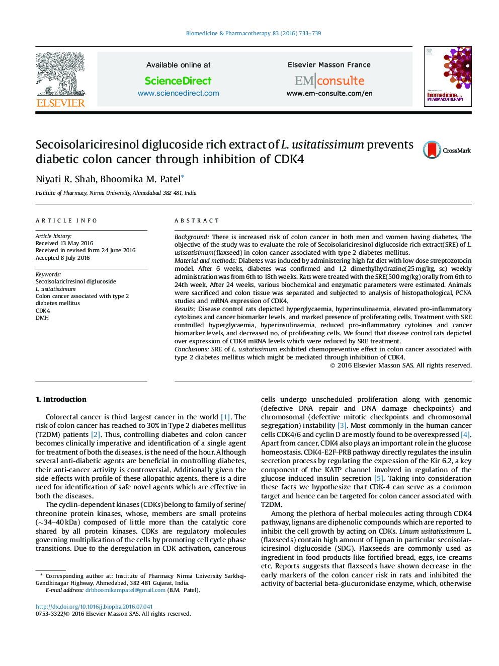 Secoisolariciresinol diglucoside rich extract of L. usitatissimum prevents diabetic colon cancer through inhibition of CDK4