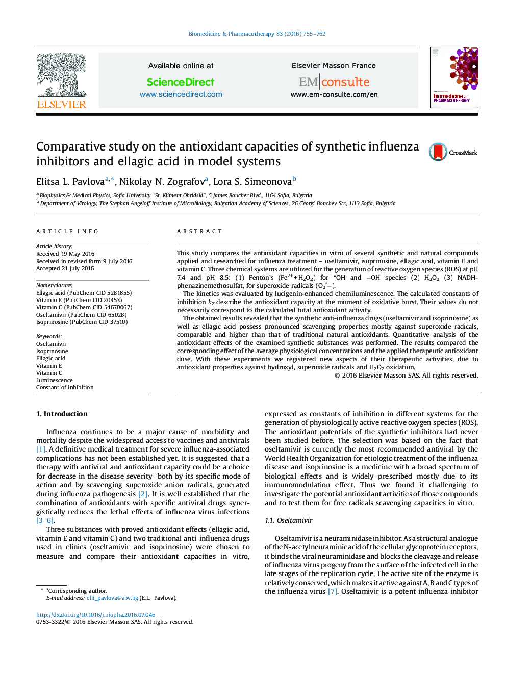 Comparative study on the antioxidant capacities of synthetic influenza inhibitors and ellagic acid in model systems