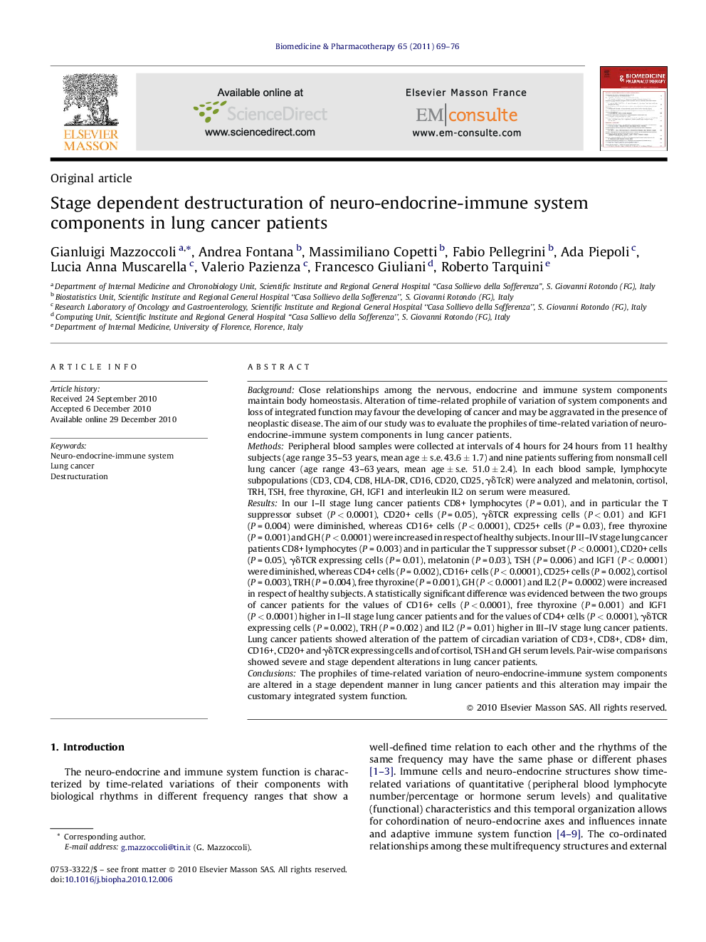 Stage dependent destructuration of neuro-endocrine-immune system components in lung cancer patients