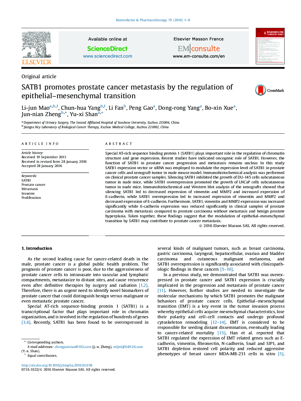 SATB1 promotes prostate cancer metastasis by the regulation of epithelial–mesenchymal transition