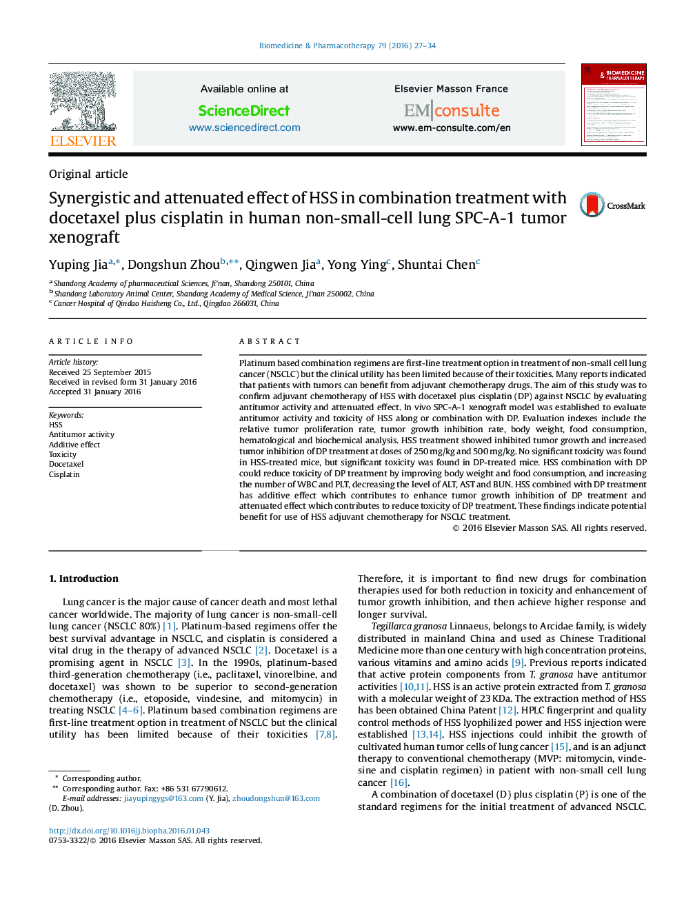 Synergistic and attenuated effect of HSS in combination treatment with docetaxel plus cisplatin in human non-small-cell lung SPC-A-1 tumor xenograft