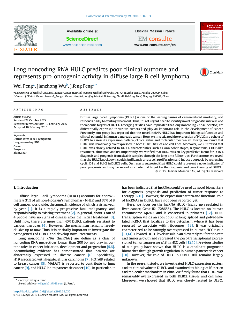 Long noncoding RNA HULC predicts poor clinical outcome and represents pro-oncogenic activity in diffuse large B-cell lymphoma