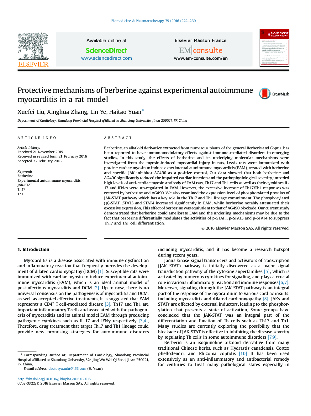 Protective mechanisms of berberine against experimental autoimmune myocarditis in a rat model