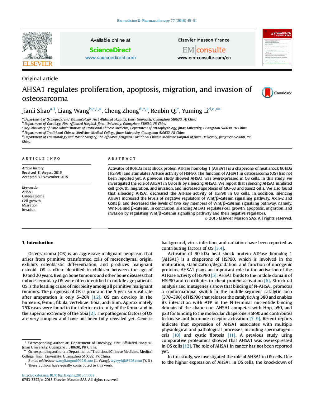 AHSA1 regulates proliferation, apoptosis, migration, and invasion of osteosarcoma