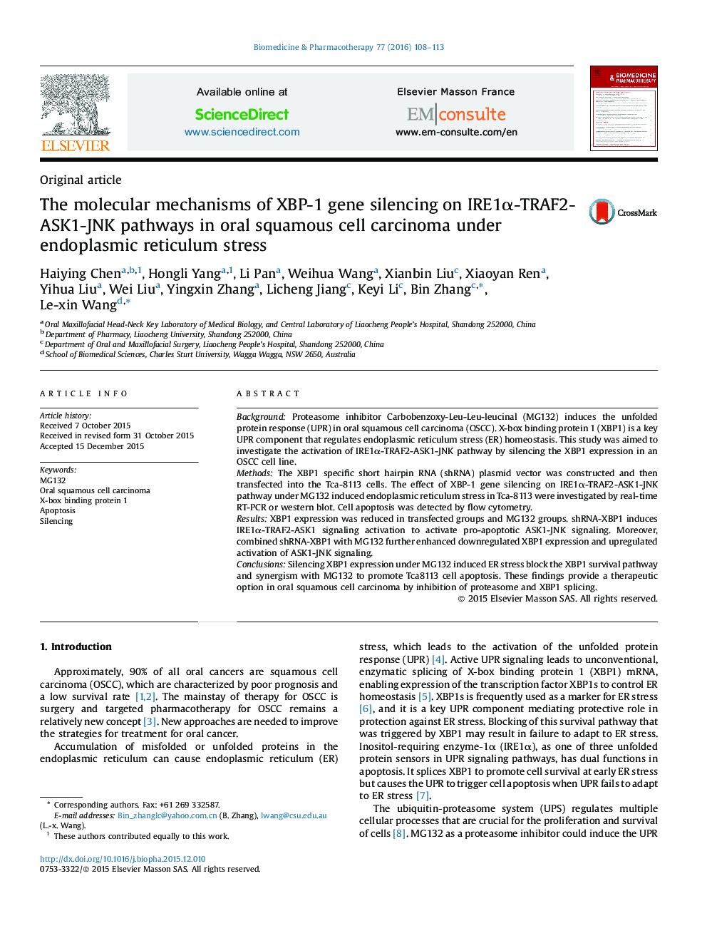 The molecular mechanisms of XBP-1 gene silencing on IRE1α-TRAF2-ASK1-JNK pathways in oral squamous cell carcinoma under endoplasmic reticulum stress