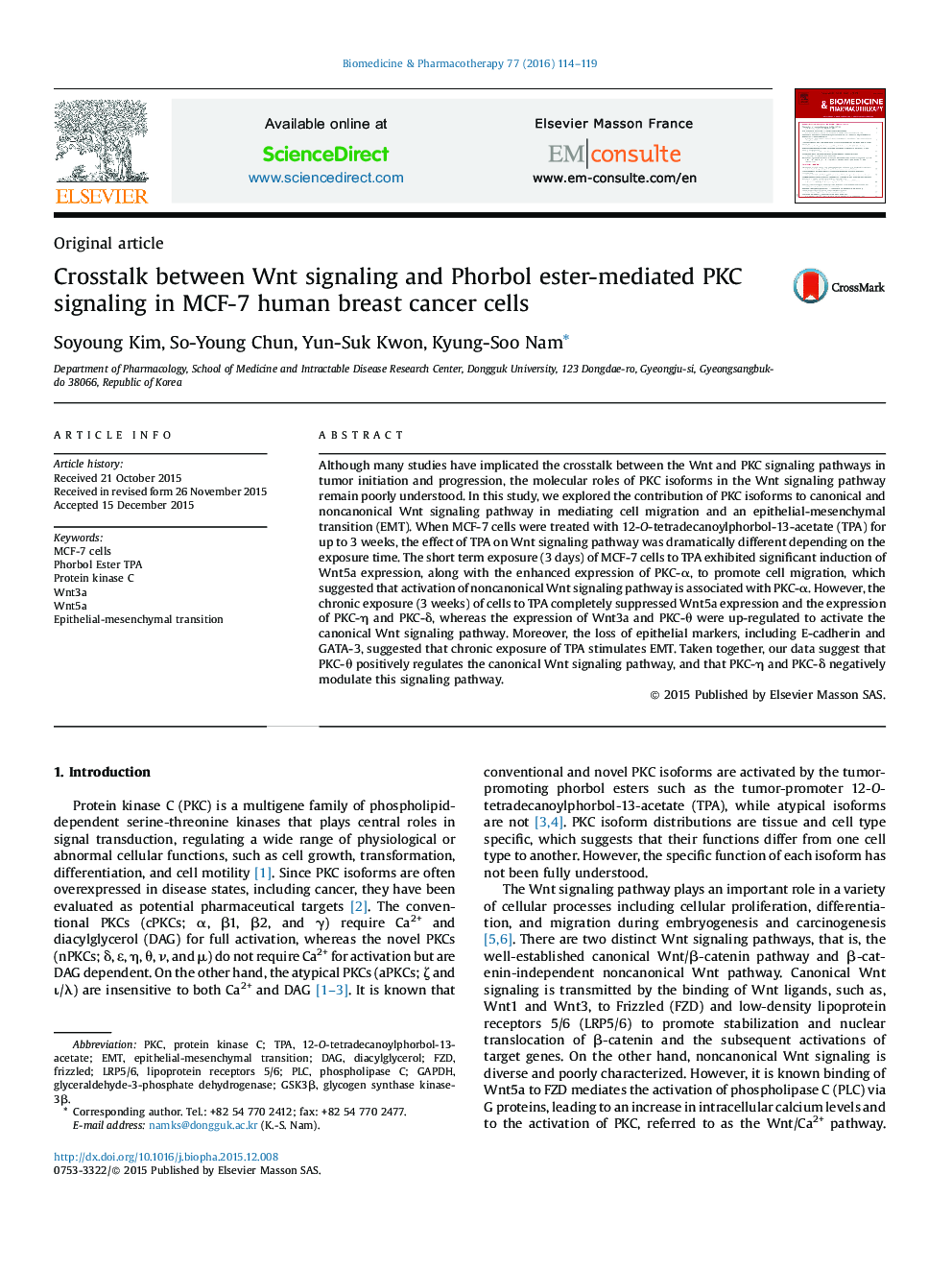 Crosstalk between Wnt signaling and Phorbol ester-mediated PKC signaling in MCF-7 human breast cancer cells