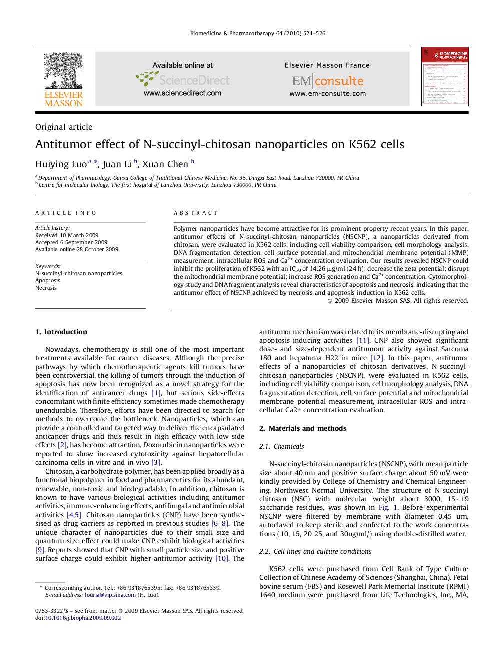 عکس صفحه اول مقاله: Antitumor effect of N-succinyl-chitosan nanoparticles on K562 cells Antitumor effect of N-succinyl-chitosan nanoparticles on K562 cells