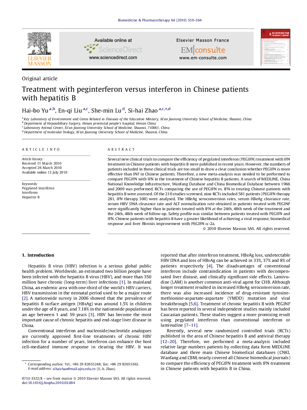 Treatment with peginterferon versus interferon in Chinese patients with hepatitis B