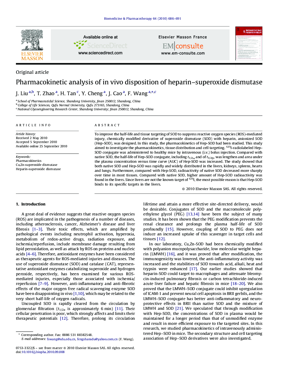 Pharmacokinetic analysis of in vivo disposition of heparin–superoxide dismutase