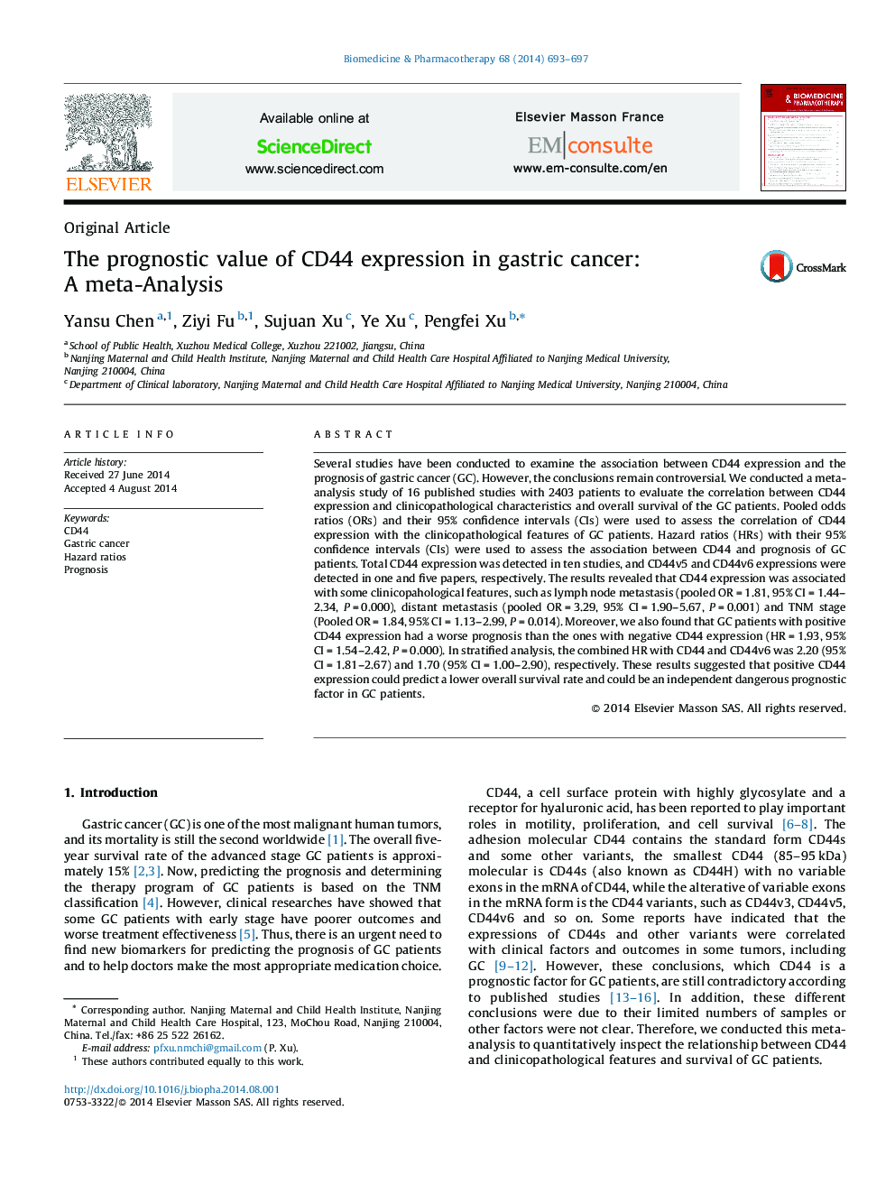 The prognostic value of CD44 expression in gastric cancer: A meta-Analysis