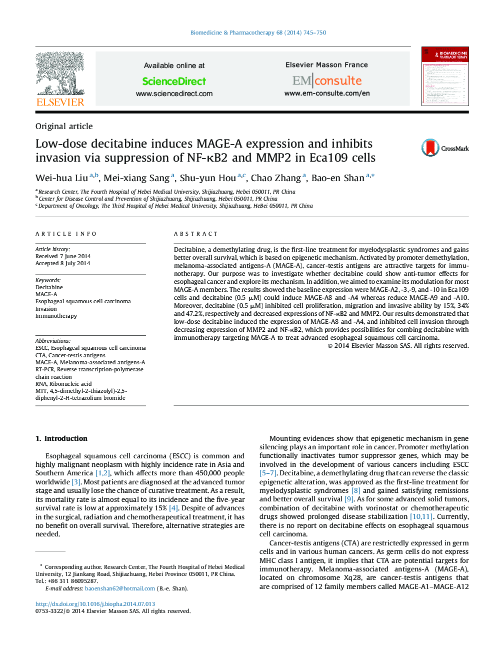 Low-dose decitabine induces MAGE-A expression and inhibits invasion via suppression of NF-κB2 and MMP2 in Eca109 cells