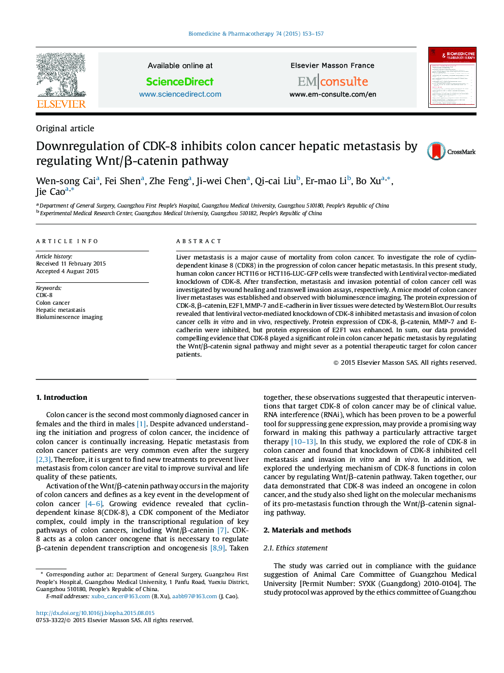 عکس صفحه اول مقاله: Downregulation of CDK-8 inhibits colon cancer hepatic metastasis by regulating Wnt/β-catenin pathway Downregulation of CDK-8 inhibits colon cancer hepatic metastasis by regulating Wnt/β-catenin pathway