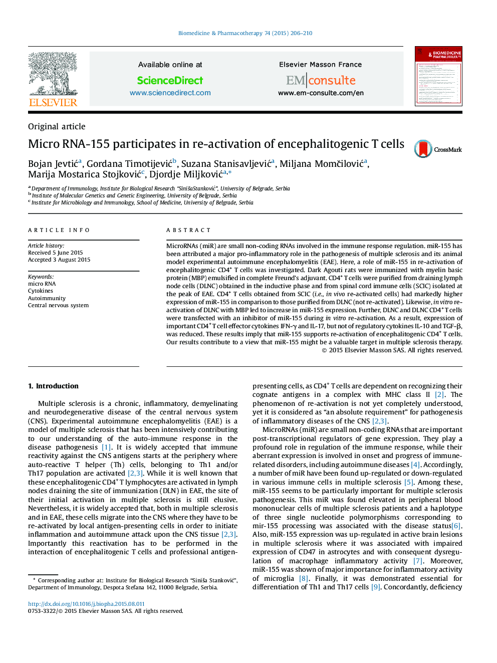 Micro RNA-155 participates in re-activation of encephalitogenic T cells