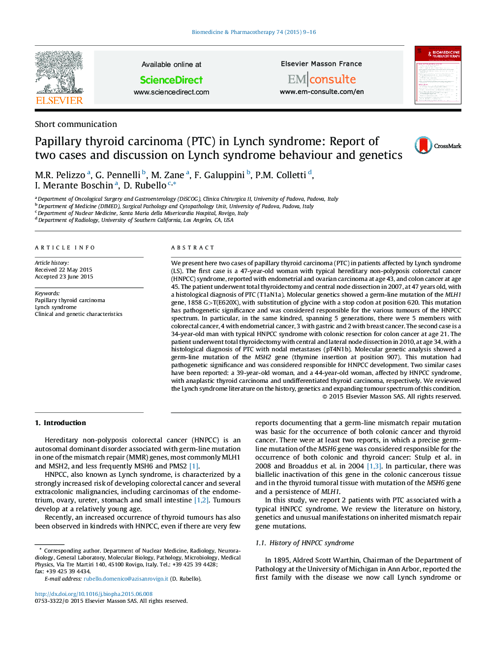 Papillary thyroid carcinoma (PTC) in Lynch syndrome: Report of two cases and discussion on Lynch syndrome behaviour and genetics