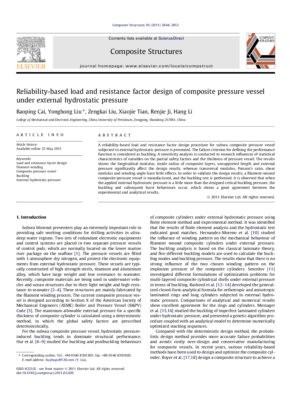 Reliability-based load and resistance factor design of composite pressure vessel under external hydrostatic pressure