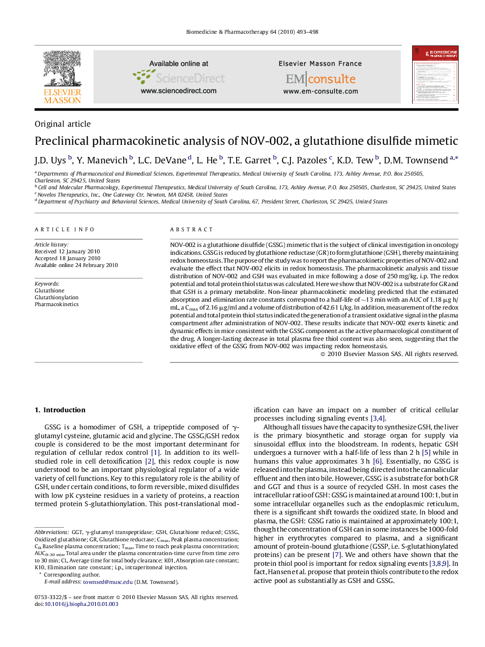 Preclinical pharmacokinetic analysis of NOV-002, a glutathione disulfide mimetic