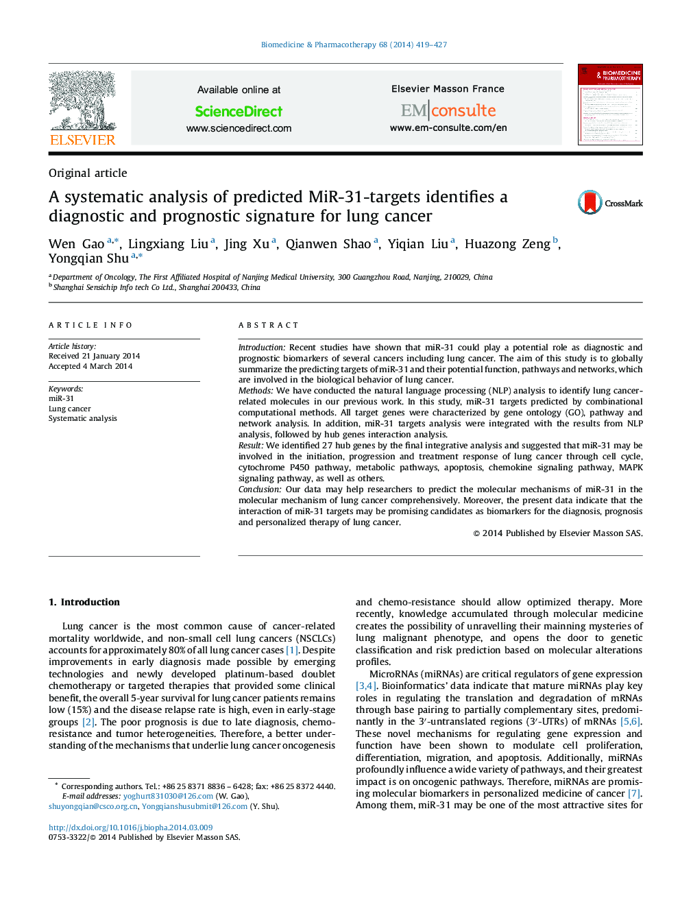 A systematic analysis of predicted MiR-31-targets identifies a diagnostic and prognostic signature for lung cancer