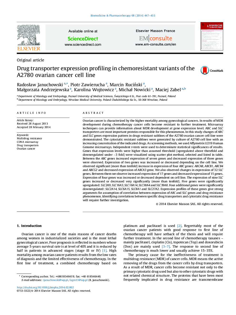 Drug transporter expression profiling in chemoresistant variants of the A2780 ovarian cancer cell line