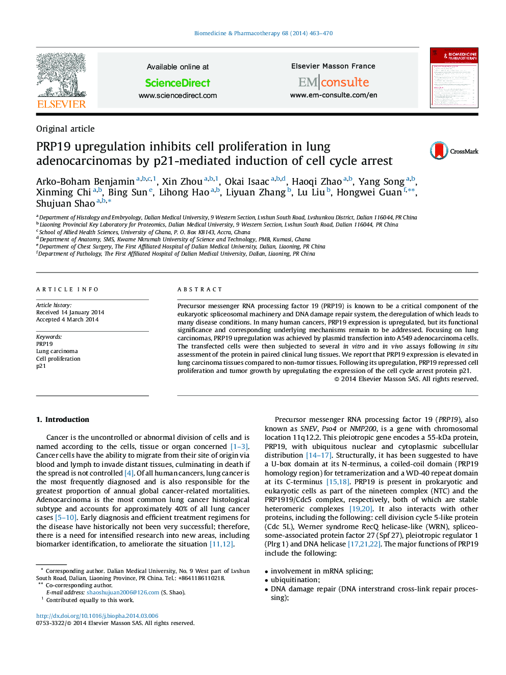 PRP19 upregulation inhibits cell proliferation in lung adenocarcinomas by p21-mediated induction of cell cycle arrest