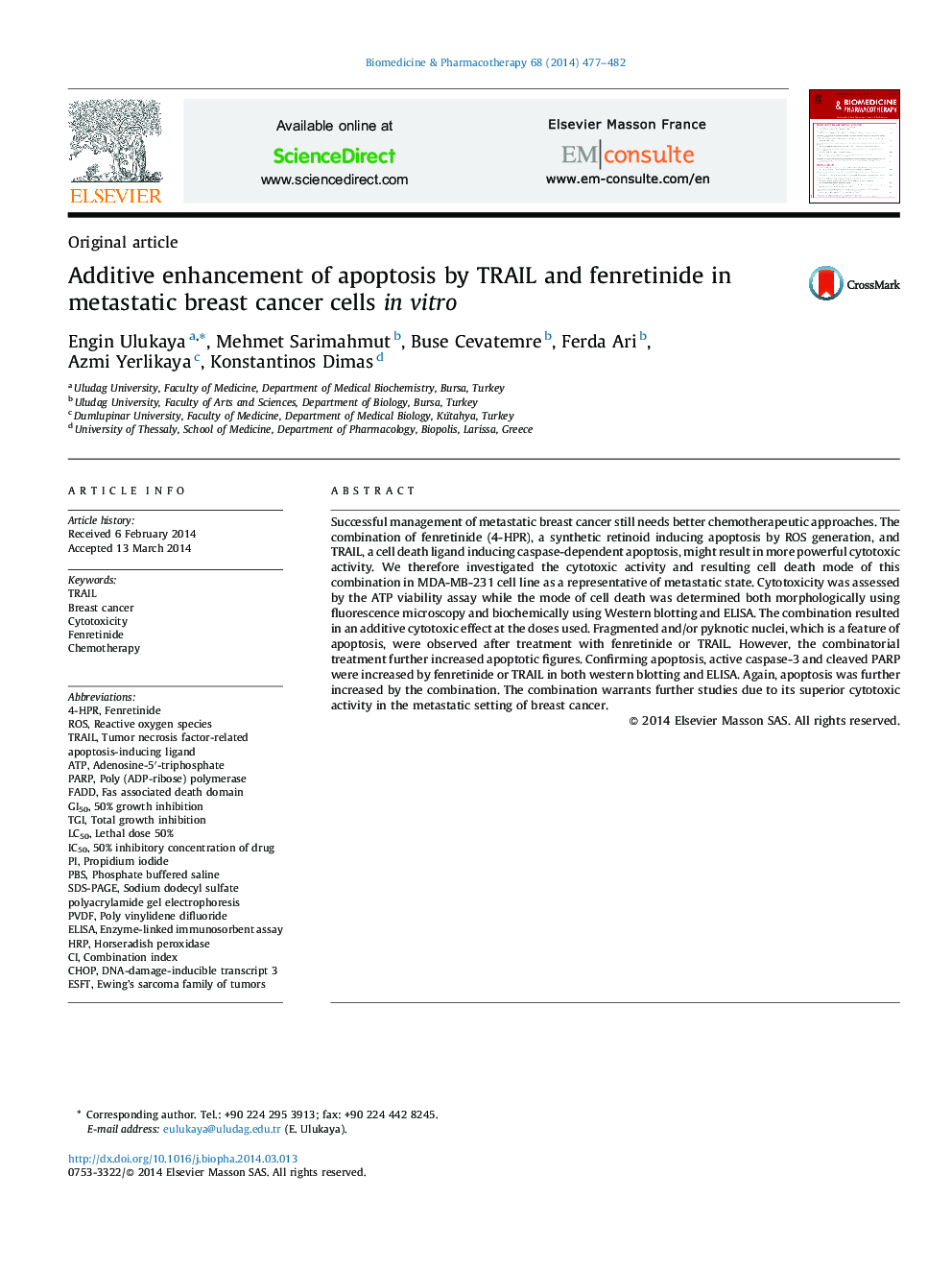 Additive enhancement of apoptosis by TRAIL and fenretinide in metastatic breast cancer cells in vitro