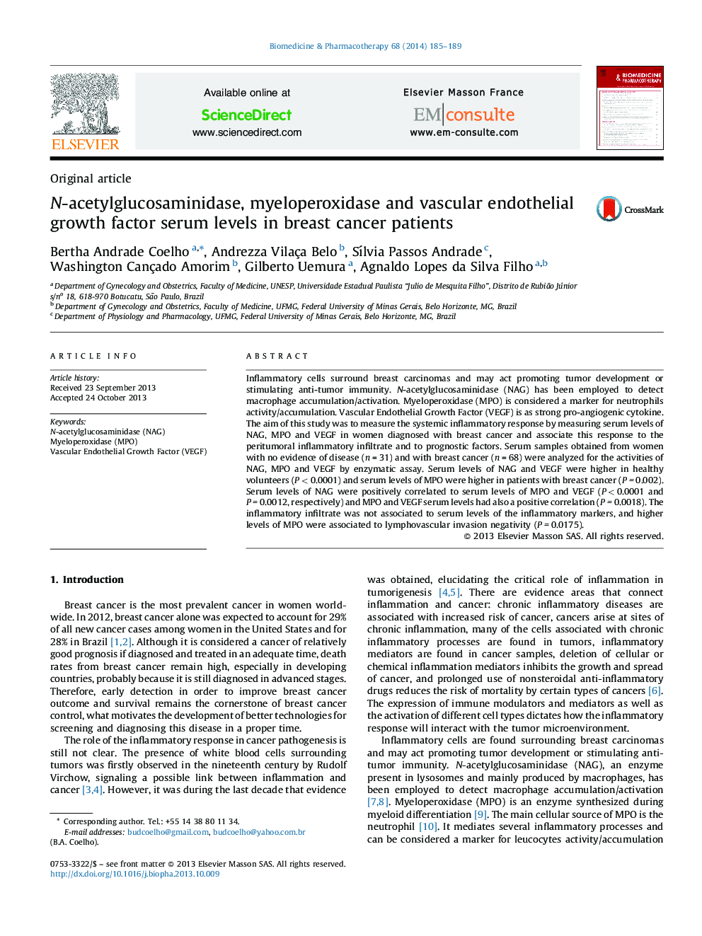 N-acetylglucosaminidase, myeloperoxidase and vascular endothelial growth factor serum levels in breast cancer patients