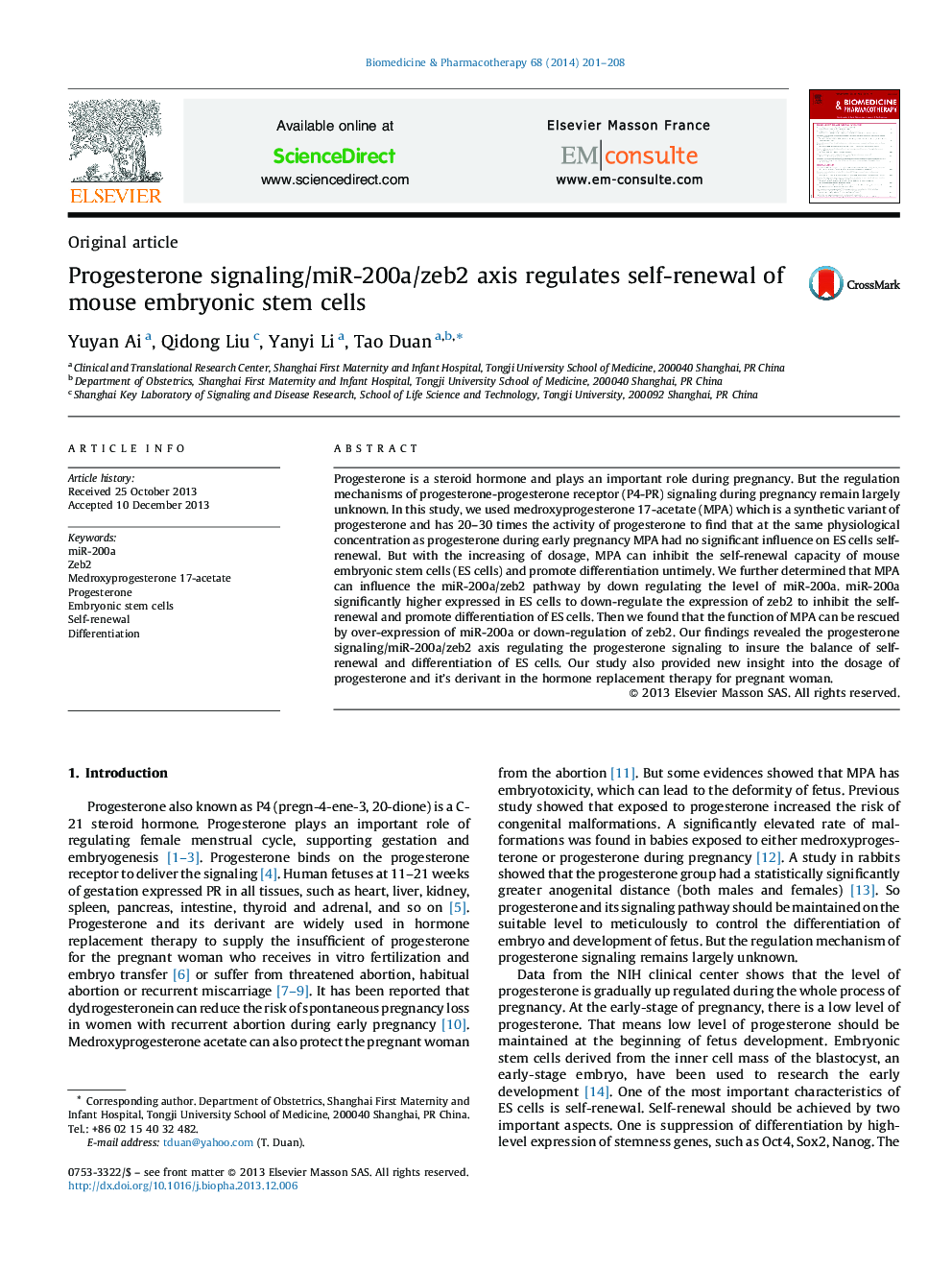 Progesterone signaling/miR-200a/zeb2 axis regulates self-renewal of mouse embryonic stem cells