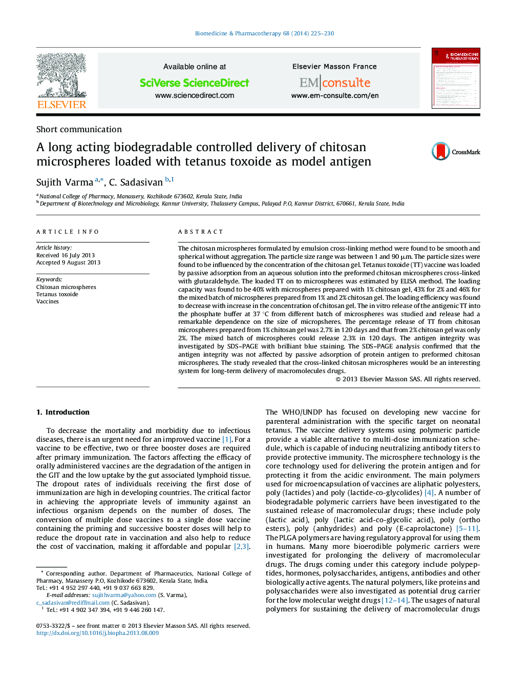 A long acting biodegradable controlled delivery of chitosan microspheres loaded with tetanus toxoide as model antigen