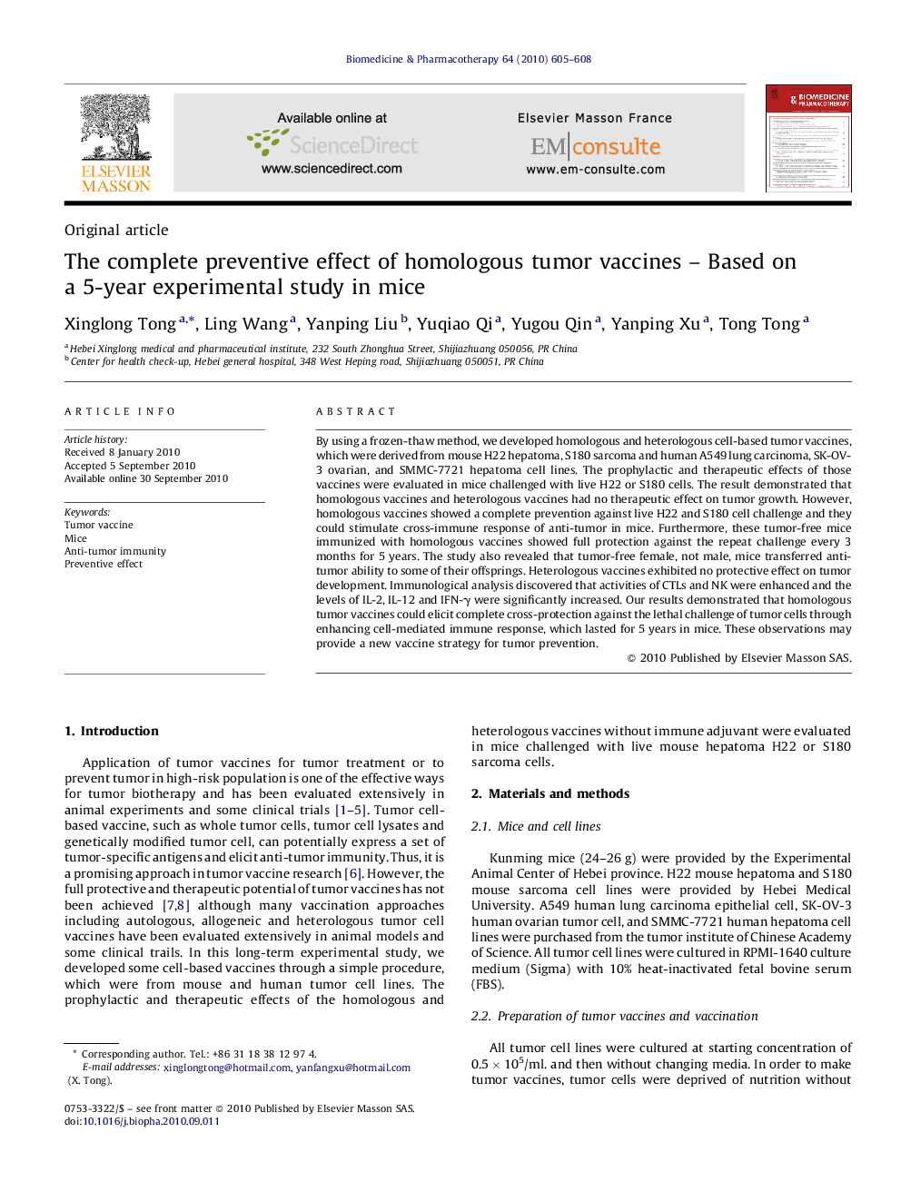 The complete preventive effect of homologous tumor vaccines – Based on a 5-year experimental study in mice