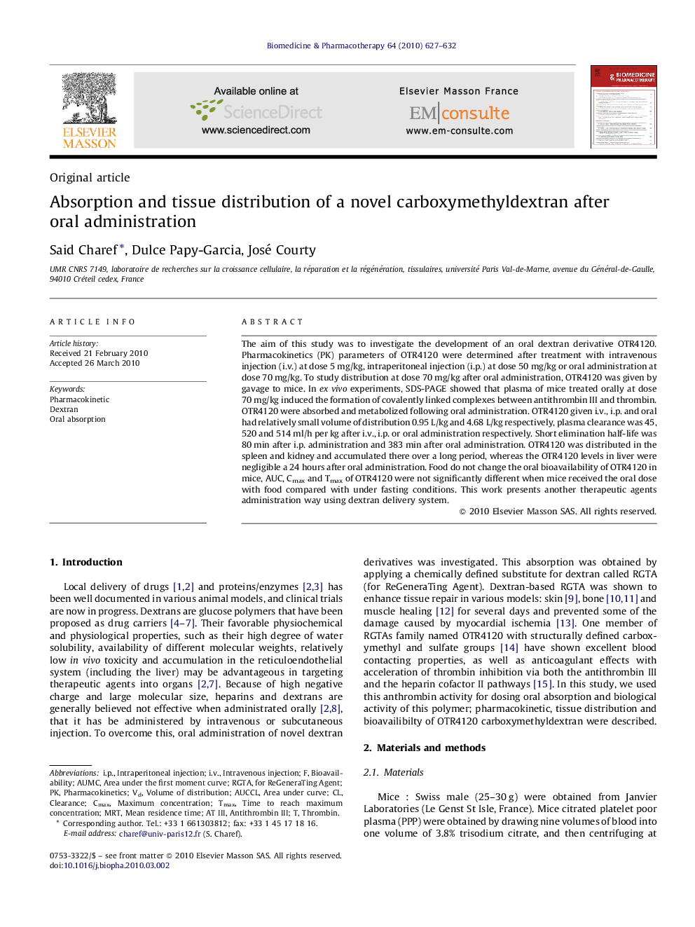 Absorption and tissue distribution of a novel carboxymethyldextran after oral administration