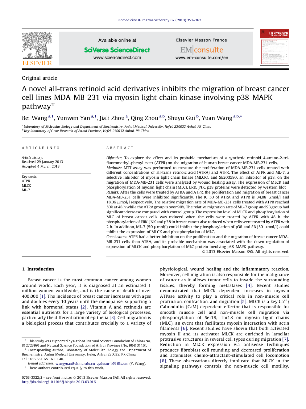 A novel all-trans retinoid acid derivatives inhibits the migration of breast cancer cell lines MDA-MB-231 via myosin light chain kinase involving p38-MAPK pathway 