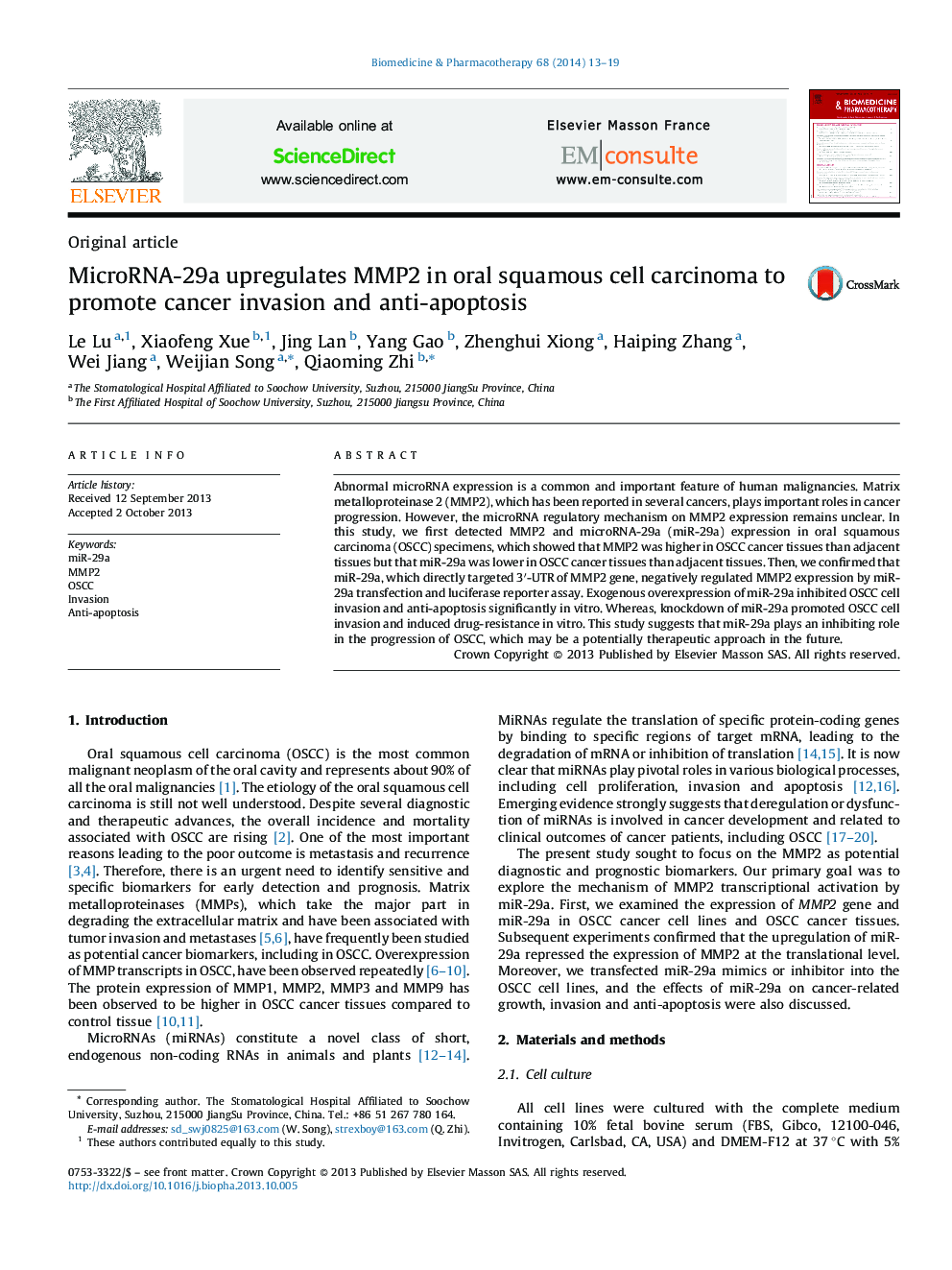 MicroRNA-29a upregulates MMP2 in oral squamous cell carcinoma to promote cancer invasion and anti-apoptosis