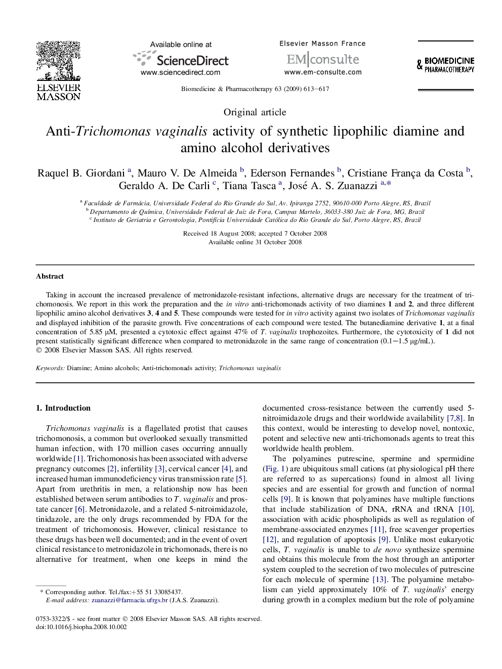 Anti-Trichomonas vaginalis activity of synthetic lipophilic diamine and amino alcohol derivatives