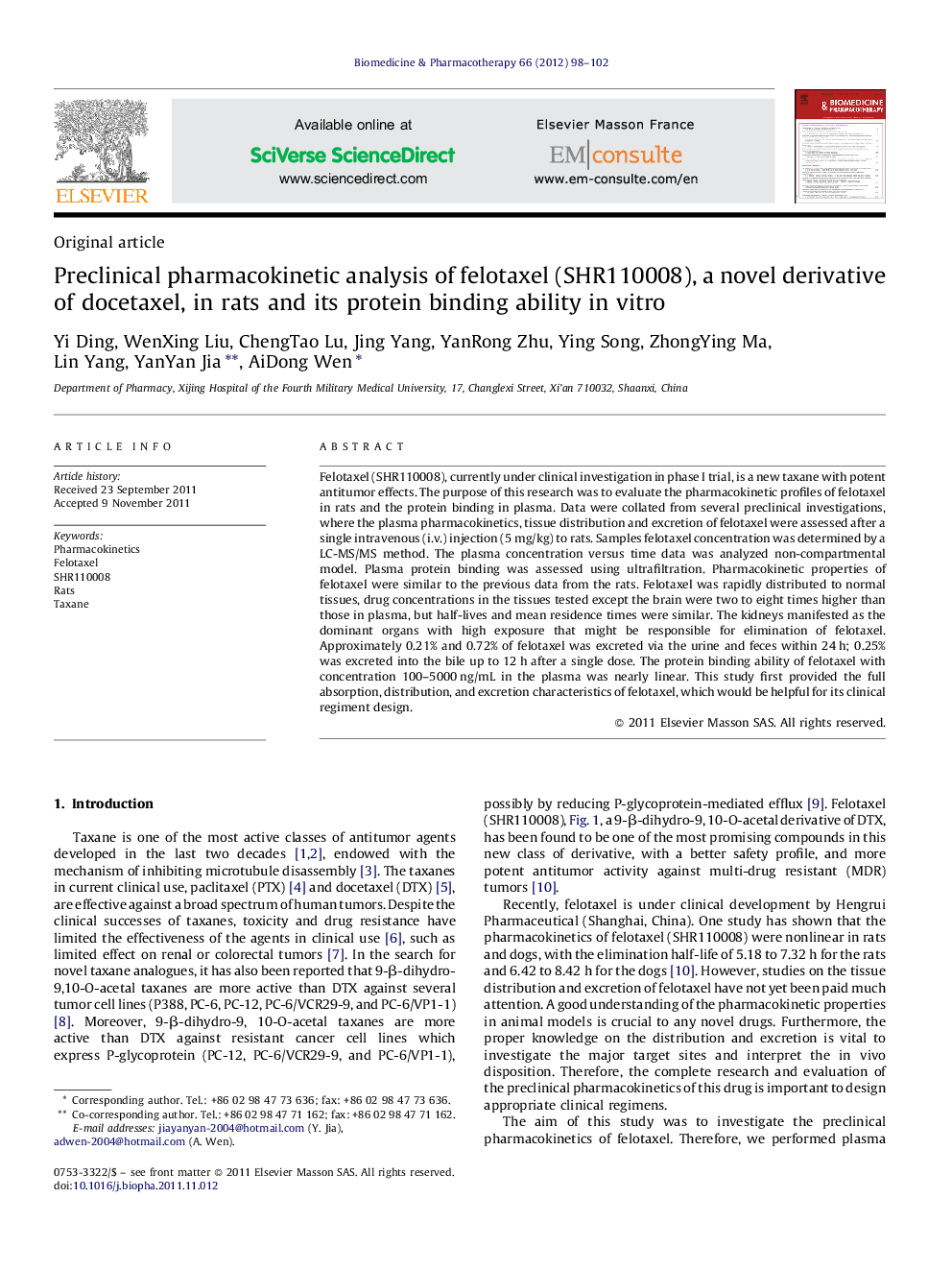 Preclinical pharmacokinetic analysis of felotaxel (SHR110008), a novel derivative of docetaxel, in rats and its protein binding ability in vitro