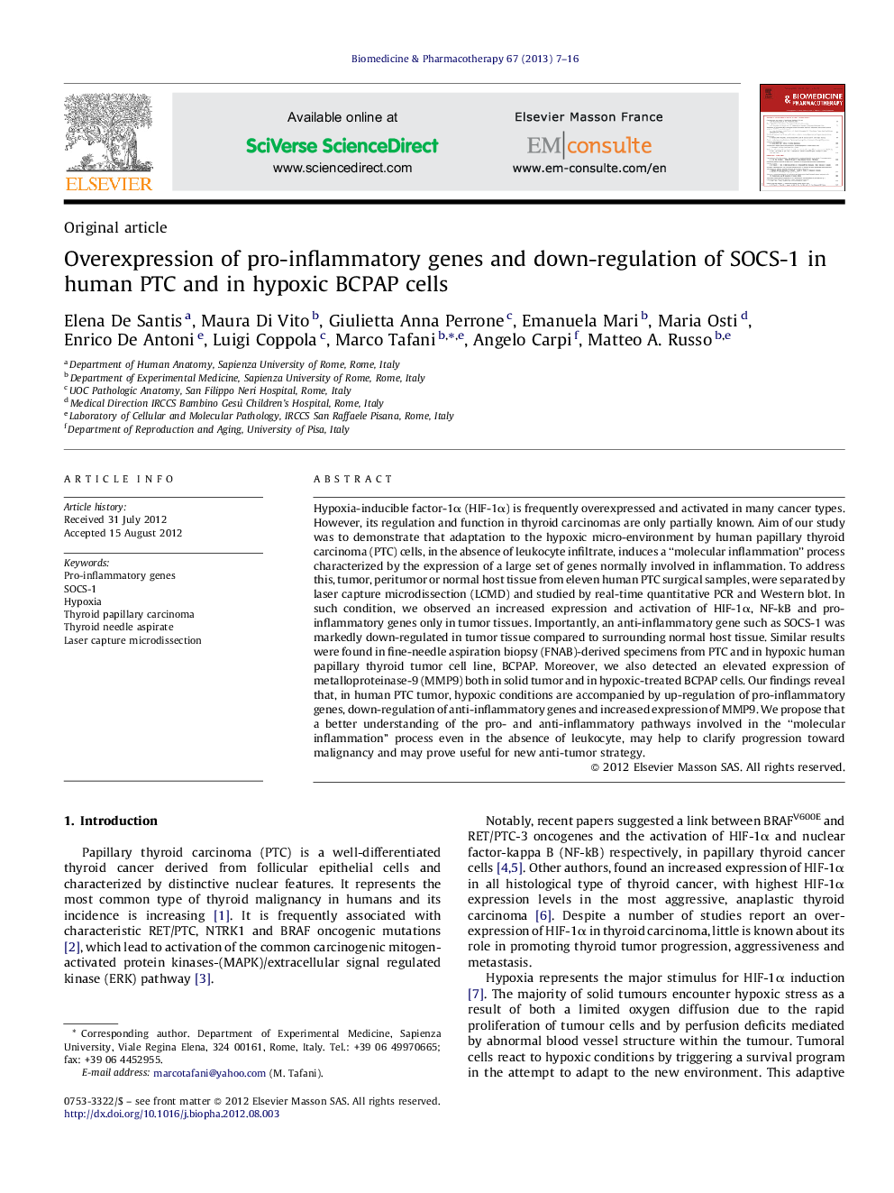 Overexpression of pro-inflammatory genes and down-regulation of SOCS-1 in human PTC and in hypoxic BCPAP cells