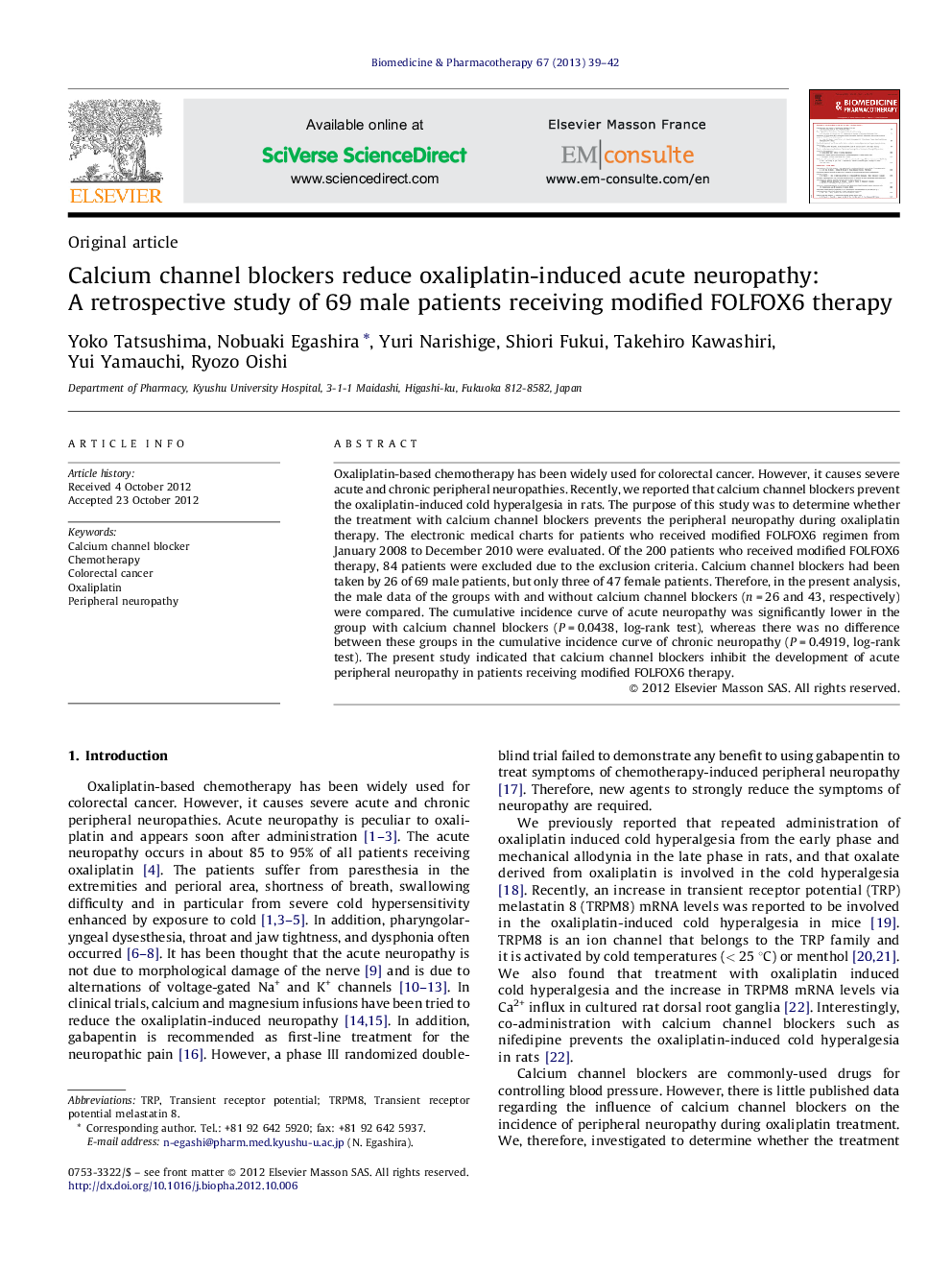 Calcium channel blockers reduce oxaliplatin-induced acute neuropathy: A retrospective study of 69 male patients receiving modified FOLFOX6 therapy