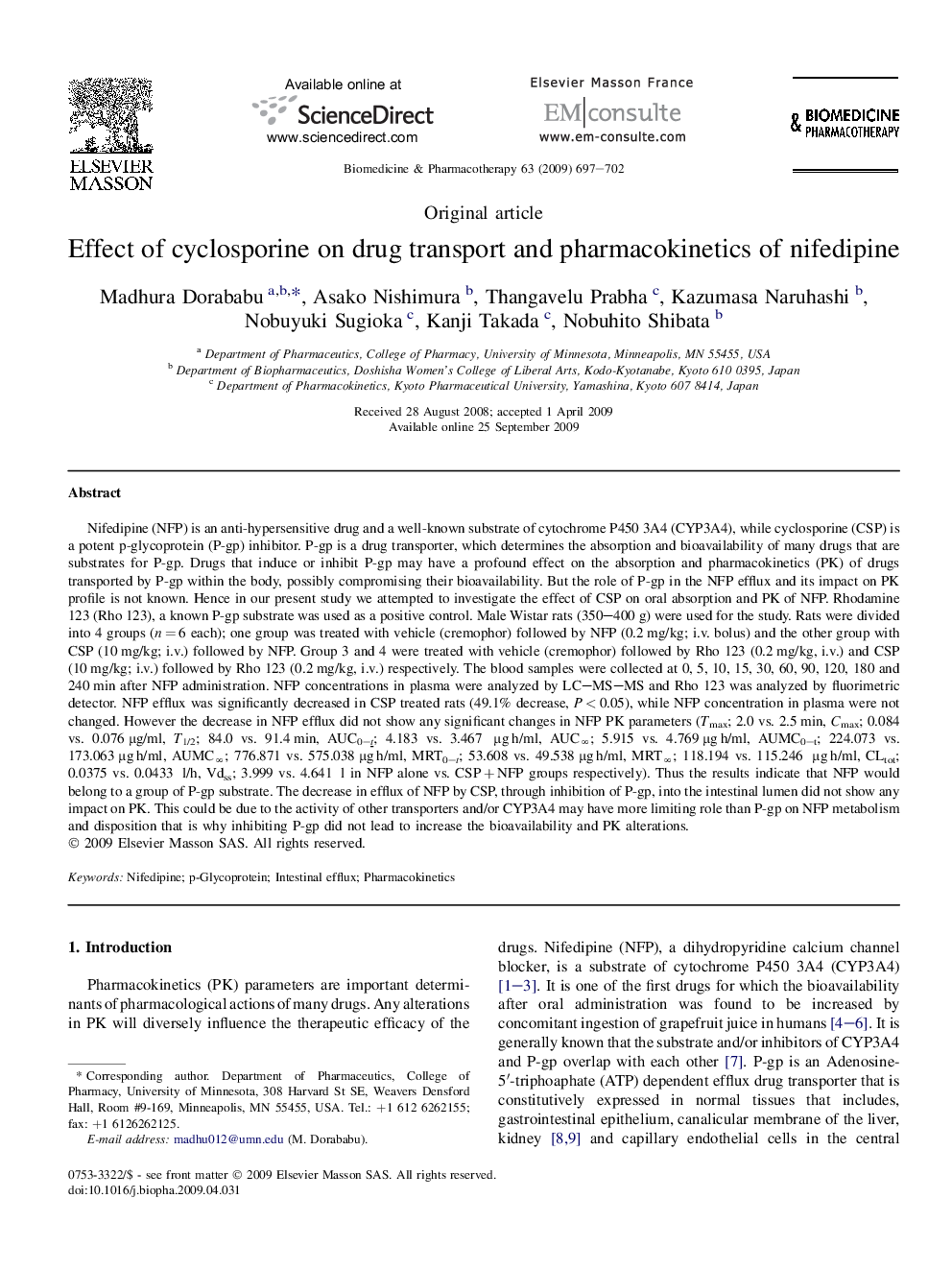 Effect of cyclosporine on drug transport and pharmacokinetics of nifedipine