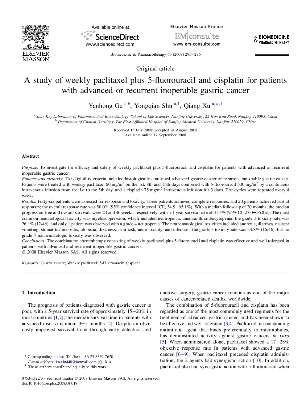 A study of weekly paclitaxel plus 5-fluorouracil and cisplatin for patients with advanced or recurrent inoperable gastric cancer