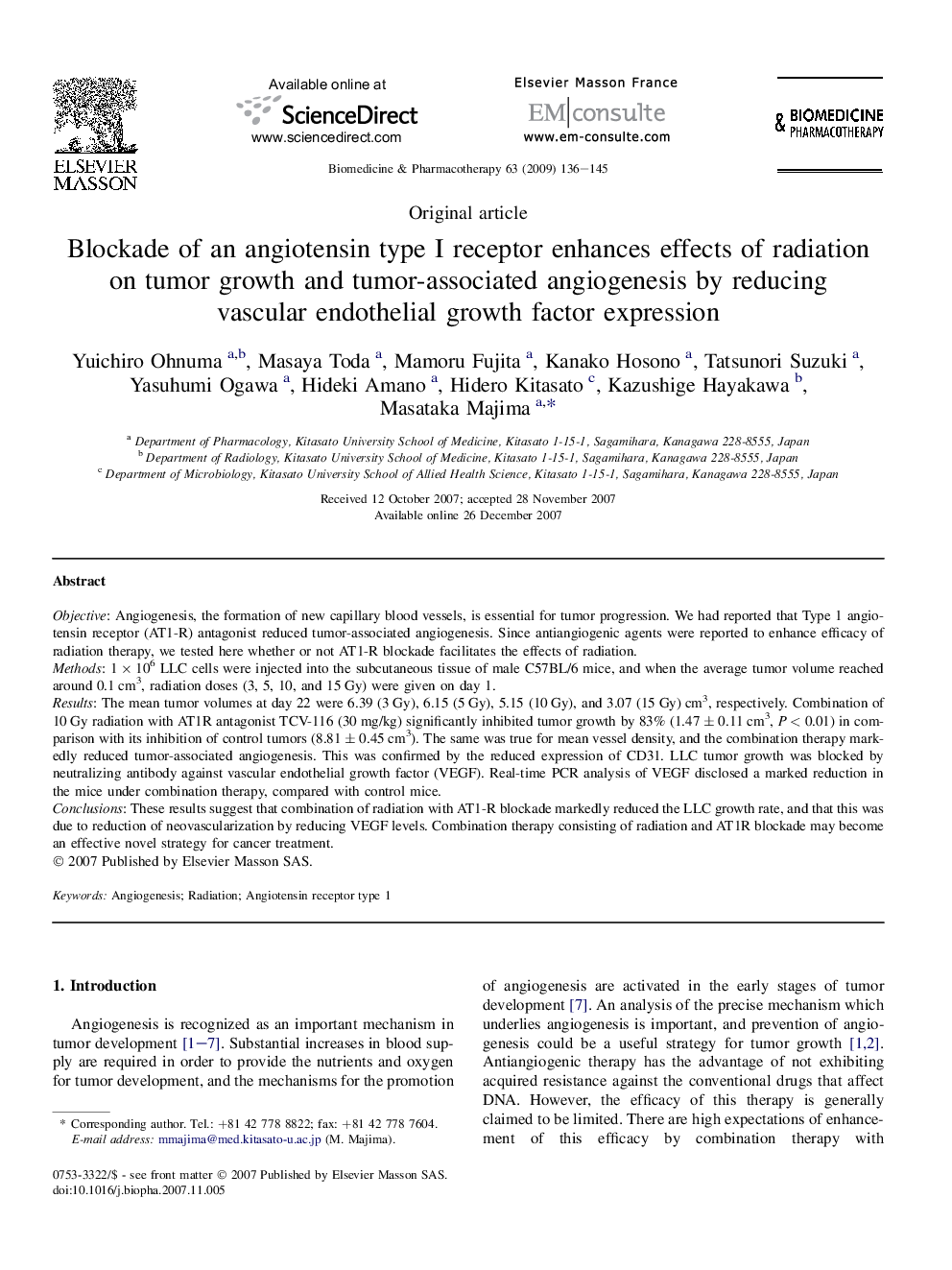 Blockade of an angiotensin type I receptor enhances effects of radiation on tumor growth and tumor-associated angiogenesis by reducing vascular endothelial growth factor expression