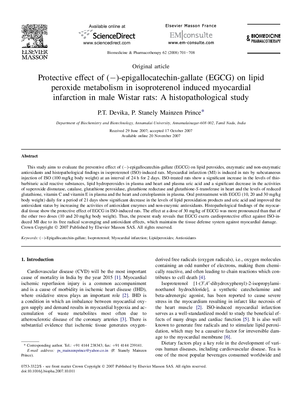 Protective effect of (−)-epigallocatechin-gallate (EGCG) on lipid peroxide metabolism in isoproterenol induced myocardial infarction in male Wistar rats: A histopathological study