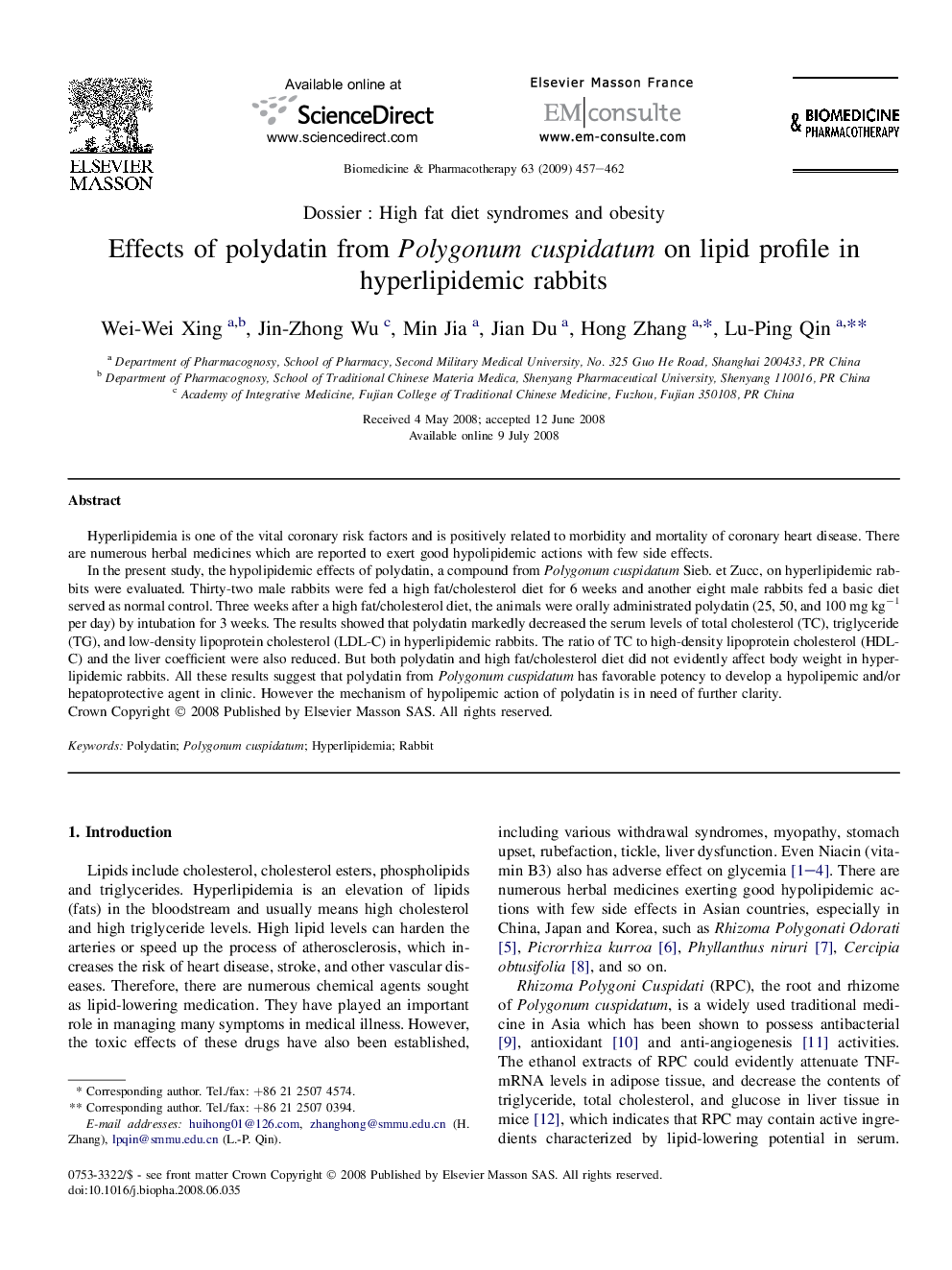 Effects of polydatin from Polygonum cuspidatum on lipid profile in hyperlipidemic rabbits