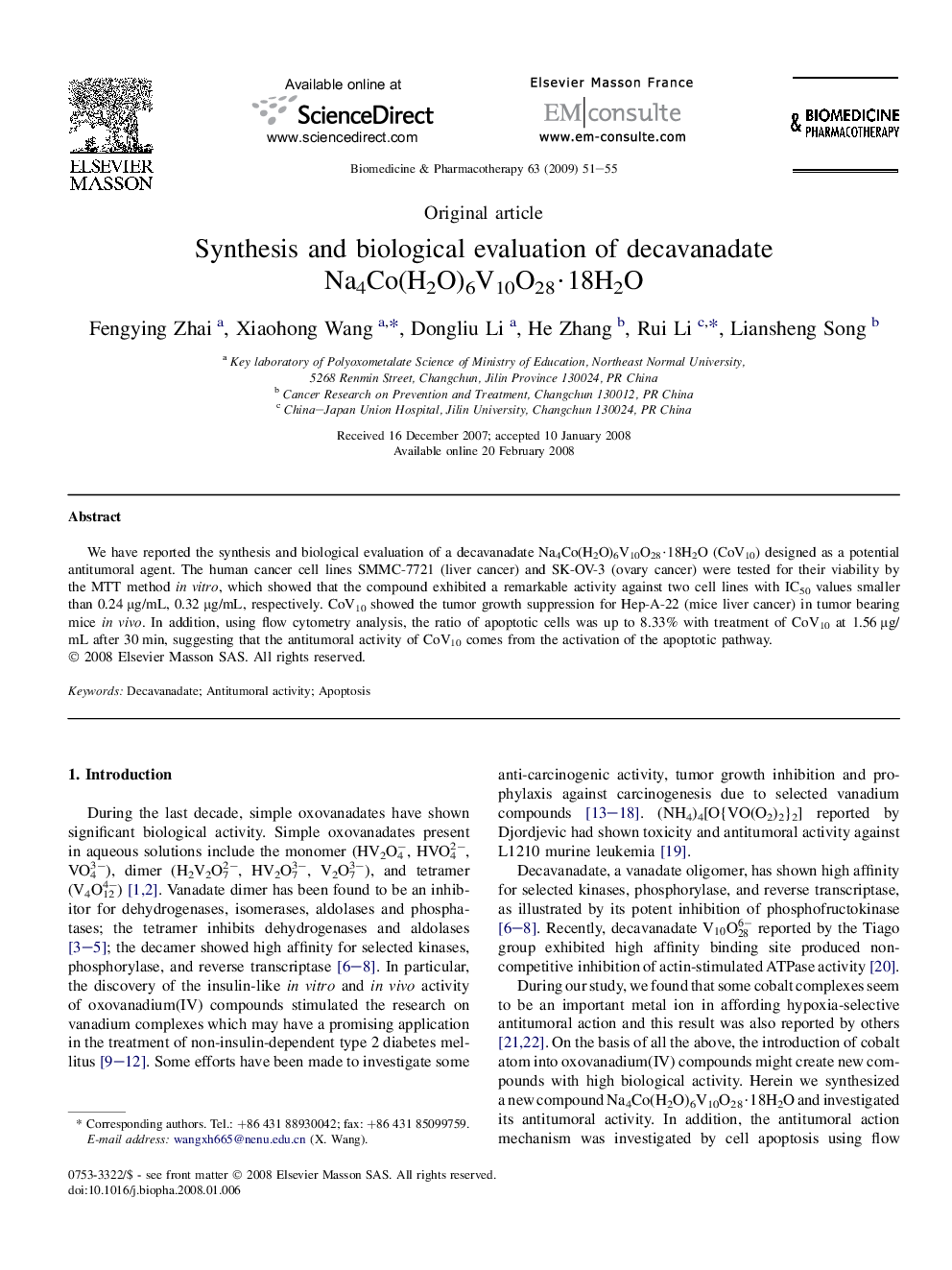 Synthesis and biological evaluation of decavanadate Na4Co(H2O)6V10O28Â·18H2O
