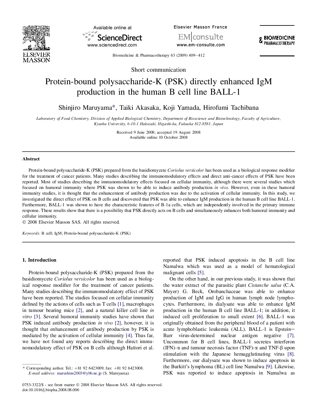 Protein-bound polysaccharide-K (PSK) directly enhanced IgM production in the human B cell line BALL-1