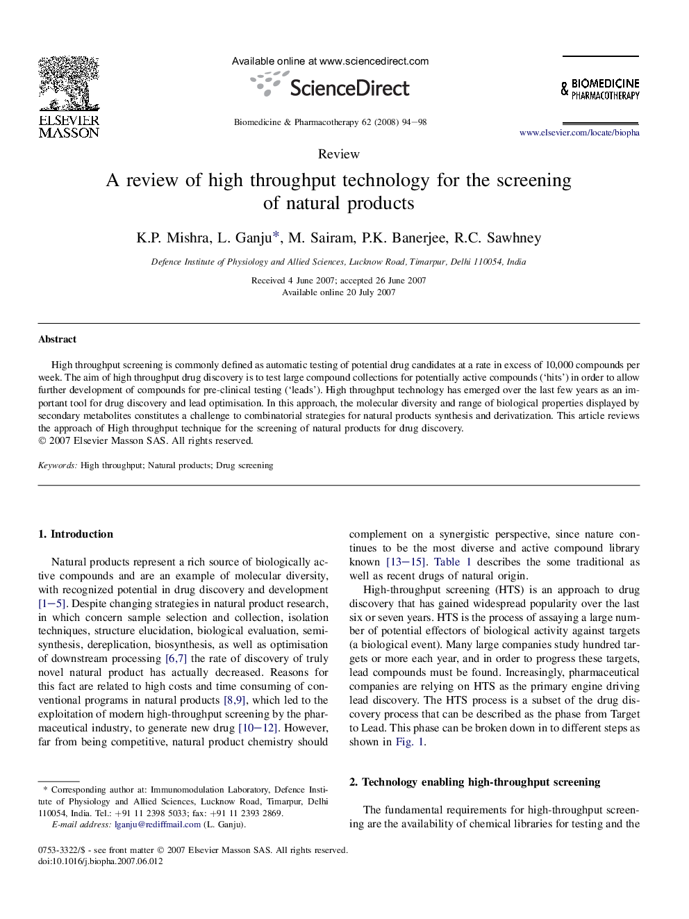 A review of high throughput technology for the screening of natural products