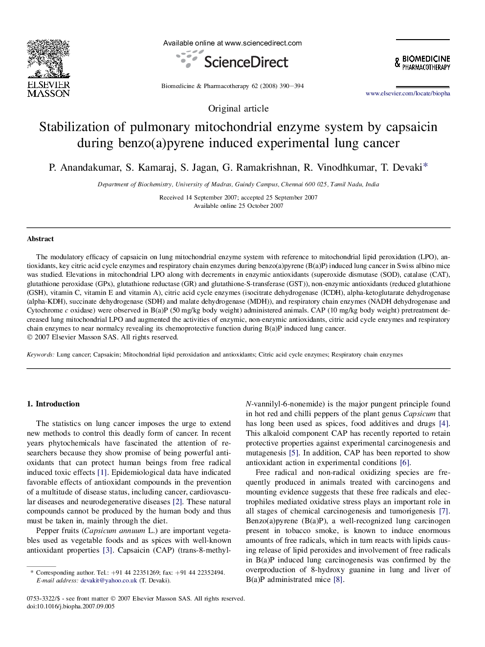 Stabilization of pulmonary mitochondrial enzyme system by capsaicin during benzo(a)pyrene induced experimental lung cancer