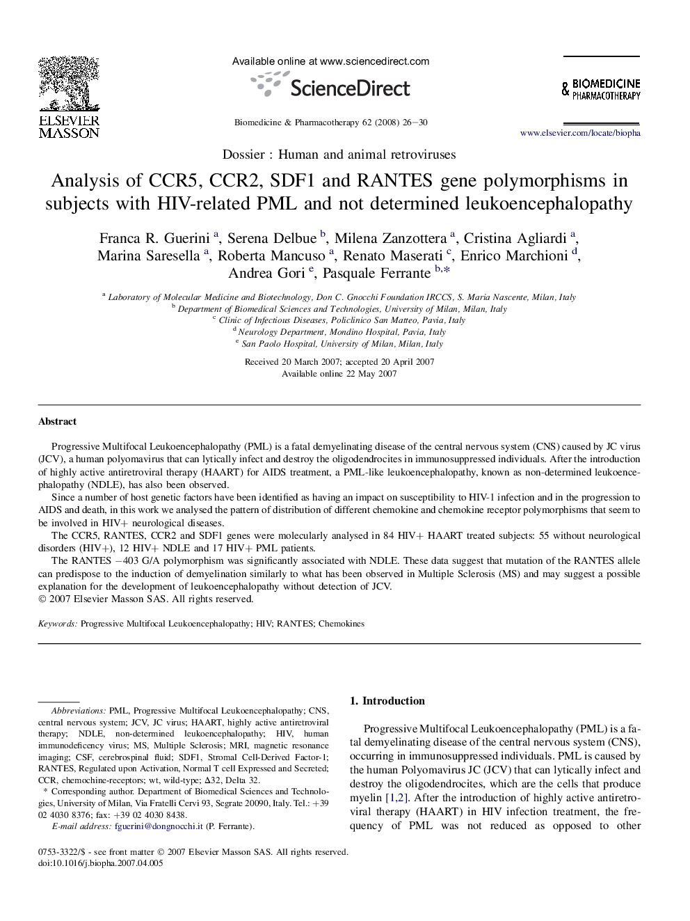 Analysis of CCR5, CCR2, SDF1 and RANTES gene polymorphisms in subjects with HIV-related PML and not determined leukoencephalopathy